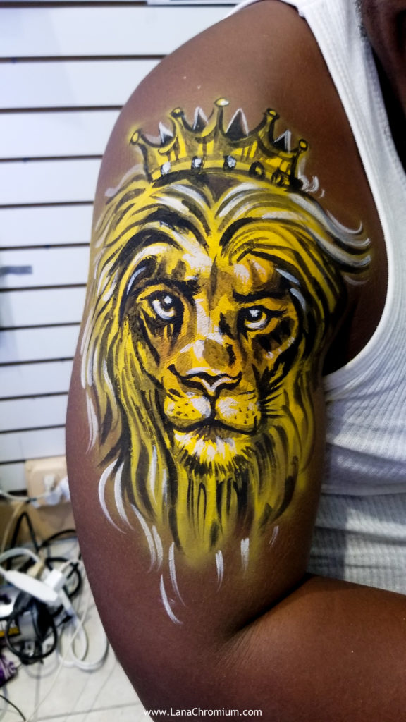 lion temporary tattoo skeletond body painting by bodypainter lana Chromium Skin Wars Winner for Fantasy Fest key West