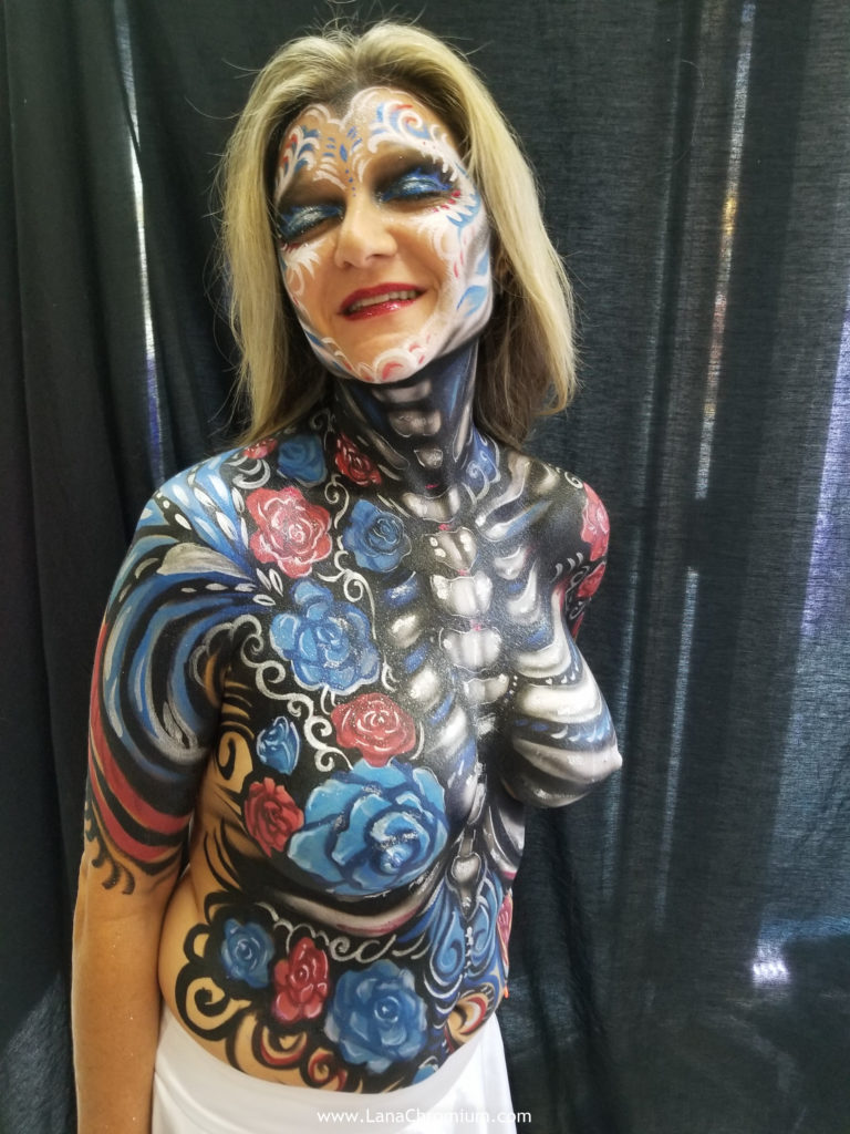 airbrush and brush body painting by body painter Lana Chromium from Skin Wars - skull - skeleton - Halloween make-up costumes bodyart for Fantasy Fest Key West Florida 2019