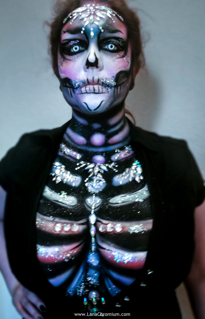 airbrush and brush body painting by body painter Lana Chromium from Skin Wars - skull - skeleton - Halloween make-up costumes bodyart for Fantasy Fest Key West Florida 2019