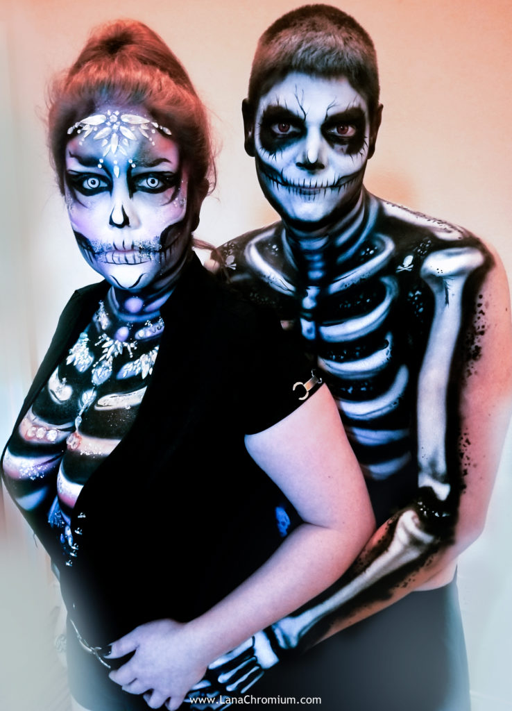 airbrush and brush body painting by body painter Lana Chromium from Skin Wars - skull - skeleton - Halloween make-up costumes bodyart for Fantasy Fest Key West Florida 2019