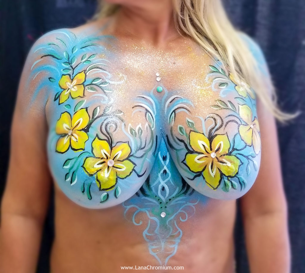 floral bodyart body painting by bodypainter Lana Chromium Skin Wars Winner for Fantasy Fest key West festival make-up