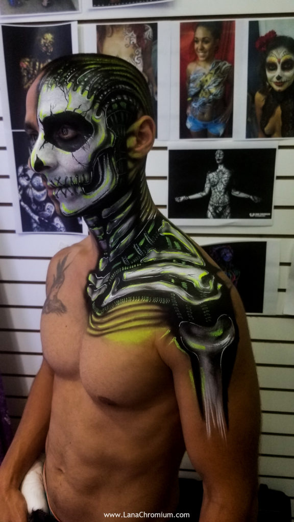 skeletond body painting by bodypainter lana Chromium Skin Wars Winner for Fantasy Fest key West scary body paint