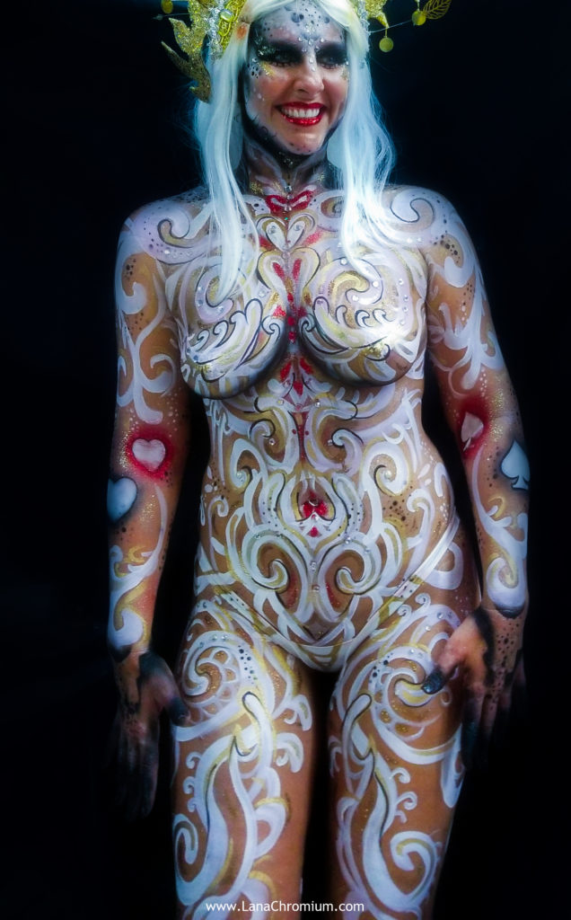 airbrush and brush body painting by body painter Lana Chromium from Skin Wars - skull - skeleton - Halloween make-up costumes bodyart for Fantasy Fest Key West Florida 2019