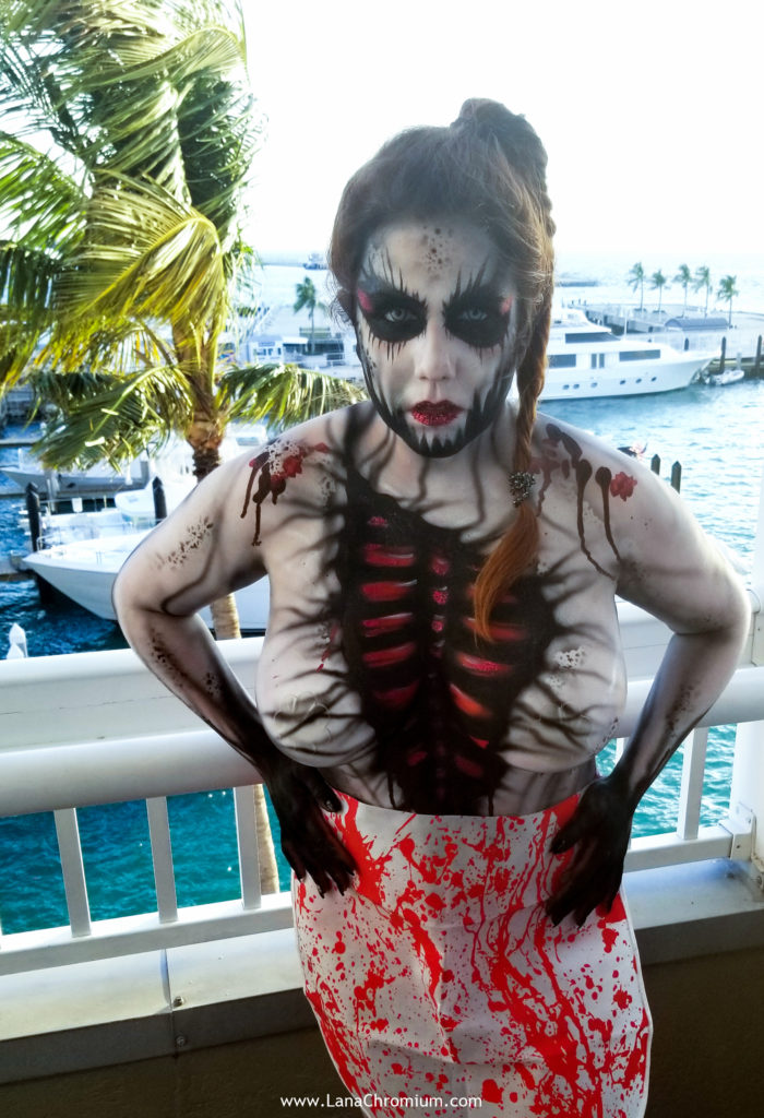 airbrush and brush body painting by body painter Lana Chromium from Skin Wars - skull - skeleton - Halloween make-up costumes bodyart for Fantasy Fest Key West Florida 2019 mermaid man