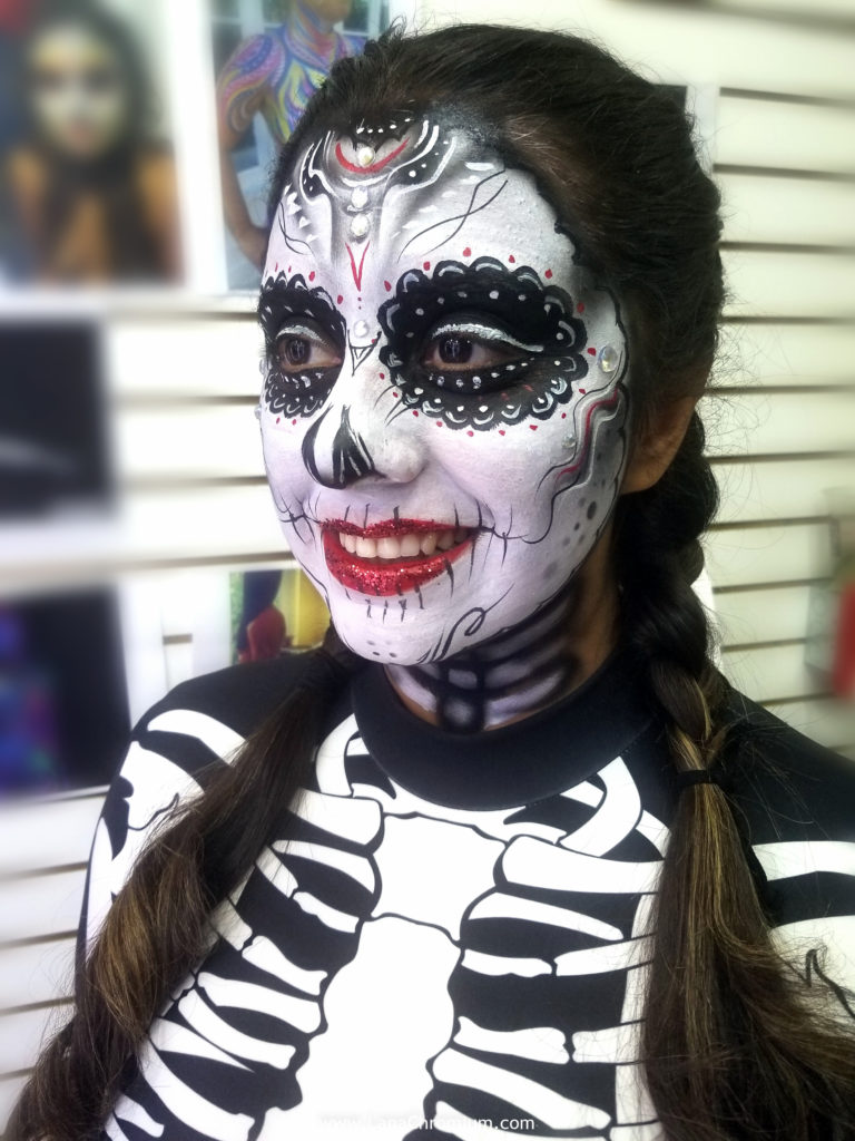 airbrush and brush body painting by body painter Lana Chromium from Skin Wars - skull - skeleton - Halloween make-up costumes bodyart for Fantasy Fest Key West Florida 2019