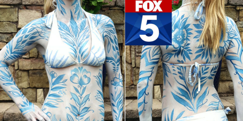 Live body painting for San Diego FOX 5 Morning News by Lana Chromium. Does this bodyart remind you of Russian ornaments? Bodyart by Lana Chromium