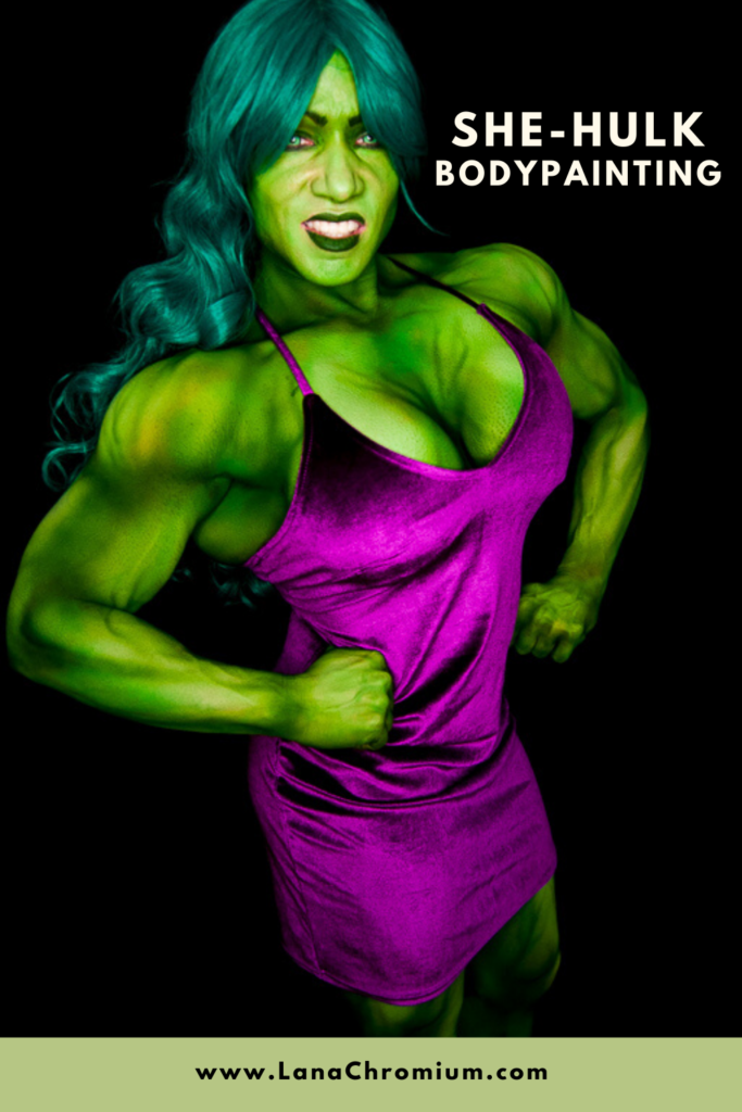 Cosplay bodypainting "She-Hulk" for famous bodybuilder attending Comic-con International in San Diego Convention Center