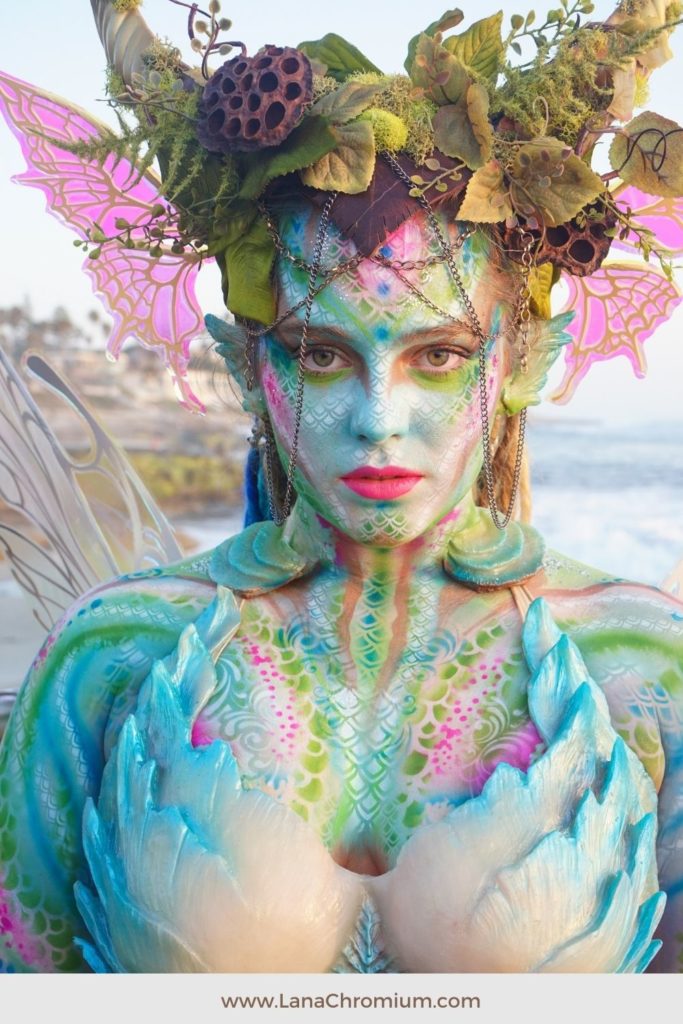 Make a splash with my mermaid bodypainting cosplay services, creating a stunning and unique look that brings the magic of the underwater world to life at Comic-Con and other events.