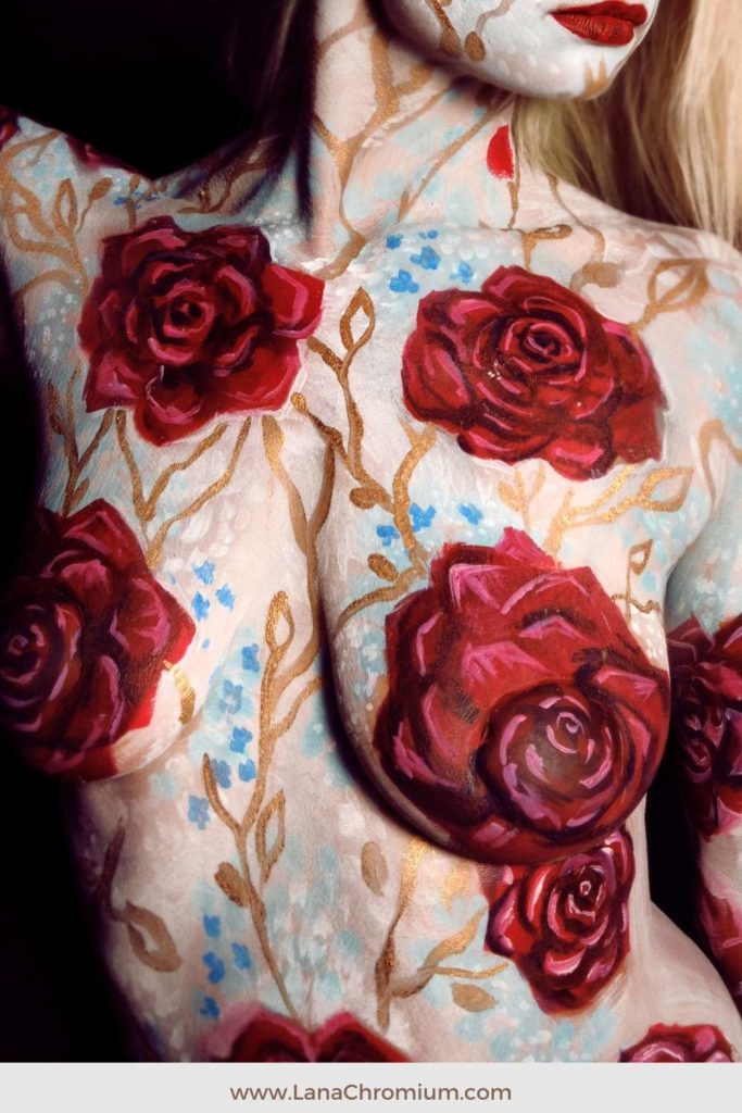 [Image: Red Roses Bodypainting] [Image: Detail Shot - Red Roses Bodypainting] Our journey continues with the passionate emblem of love - red roses. With each stroke, I've tried to reflect the depth and seduction that these crimson blooms embody. This artwork goes beyond aesthetics, inviting you to feel the emotion it conveys. Art buy Lana Chromium, San Diego Bodyart Bodypainting 